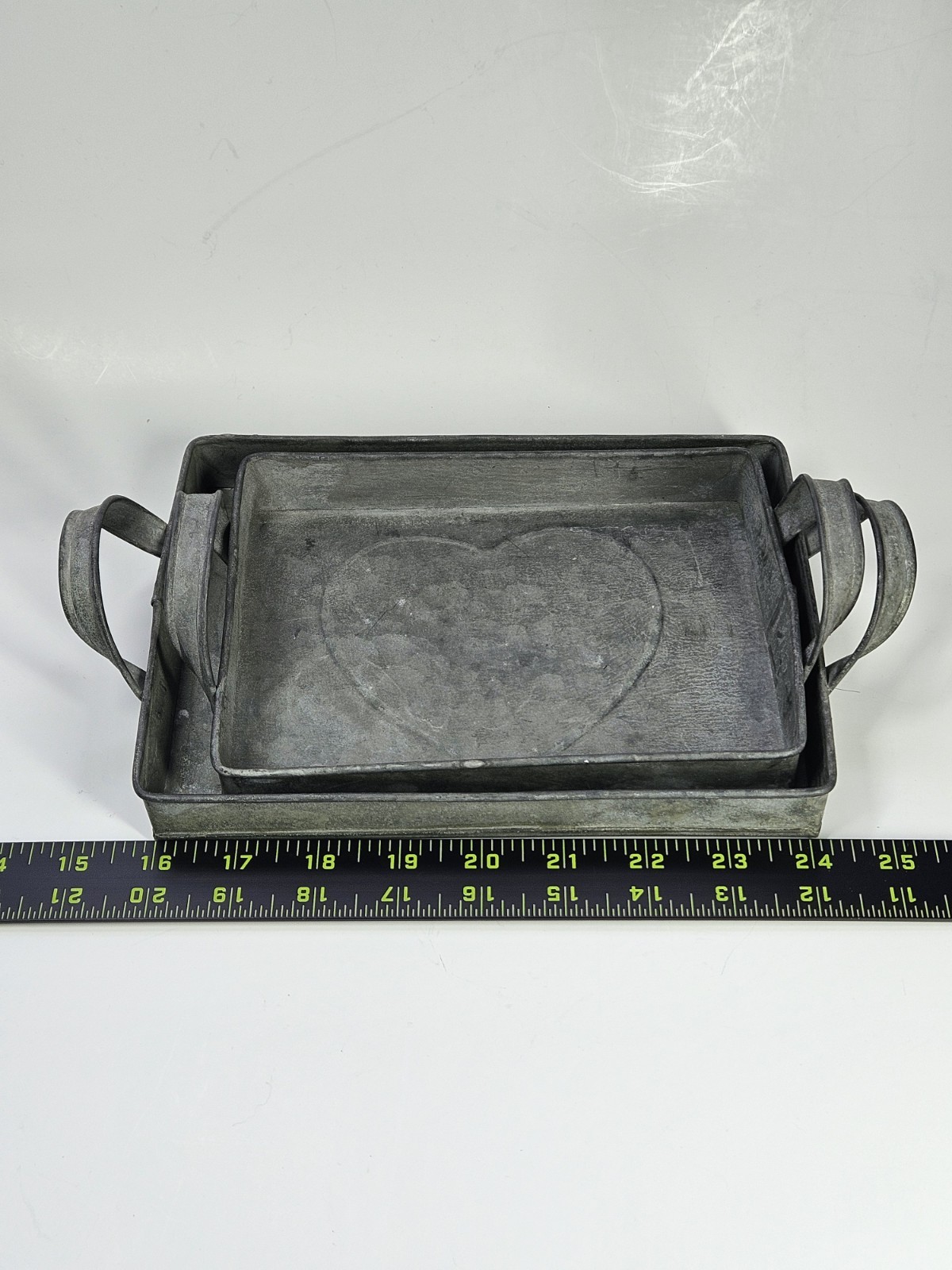 Set/3 Rectangular Rustic Galvanized Steel Heart Stamped Nesting Trays Handles