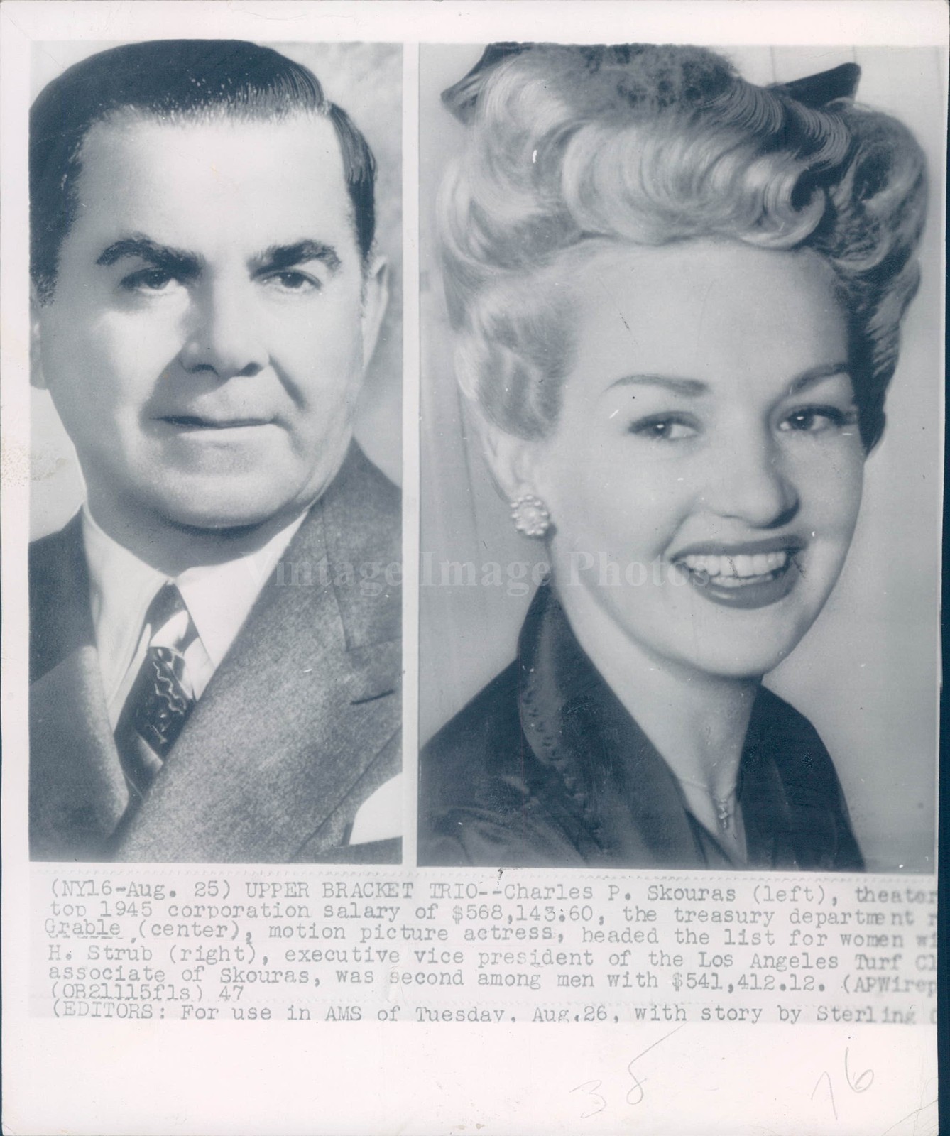 1947 New York Charles Skouras Betty Grable Los Angeles Photo 8×8