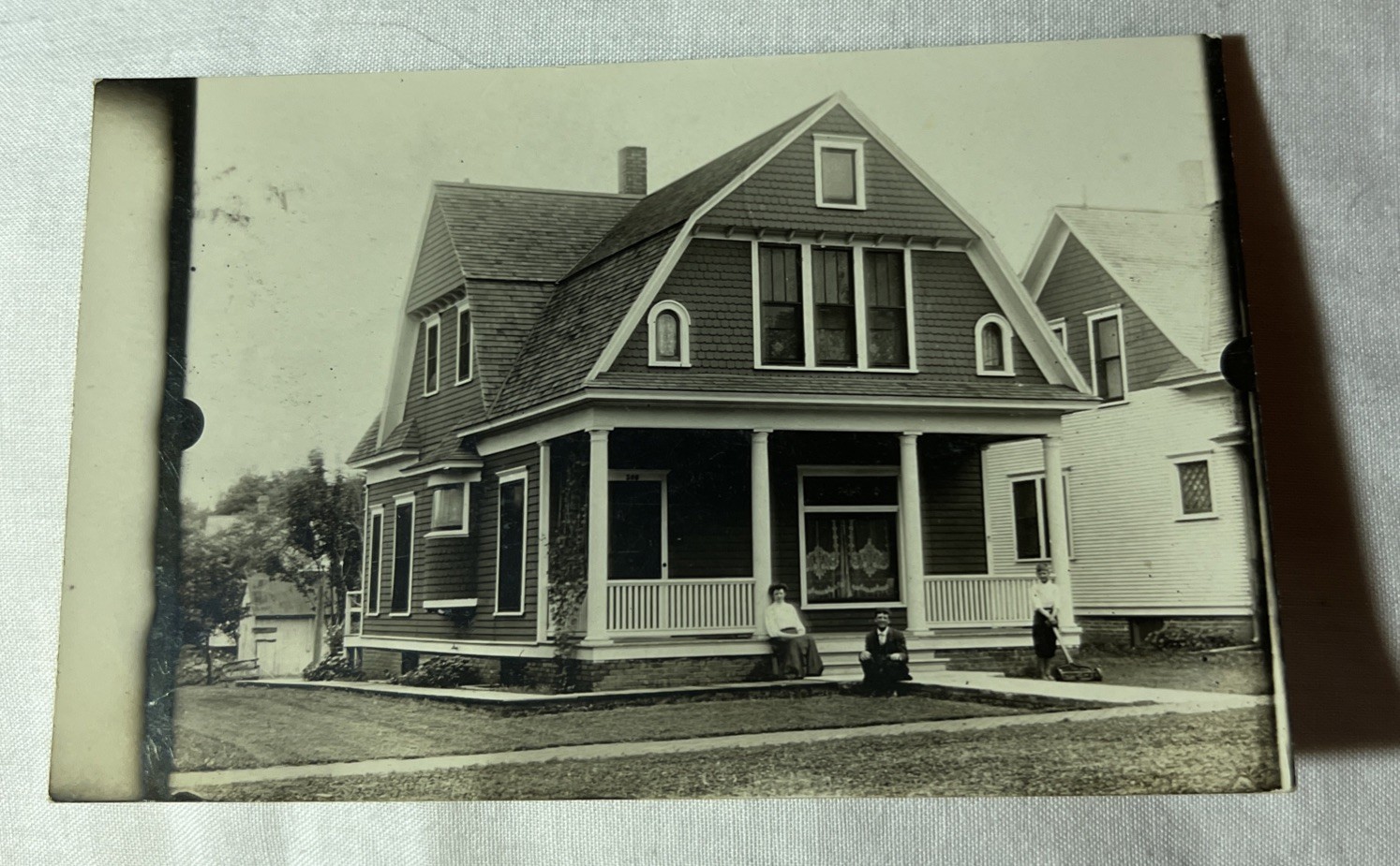 1911 RPPC Home Of Mary & Elmer Reams Shenandoah Iowa Porch Lawn Mowing
