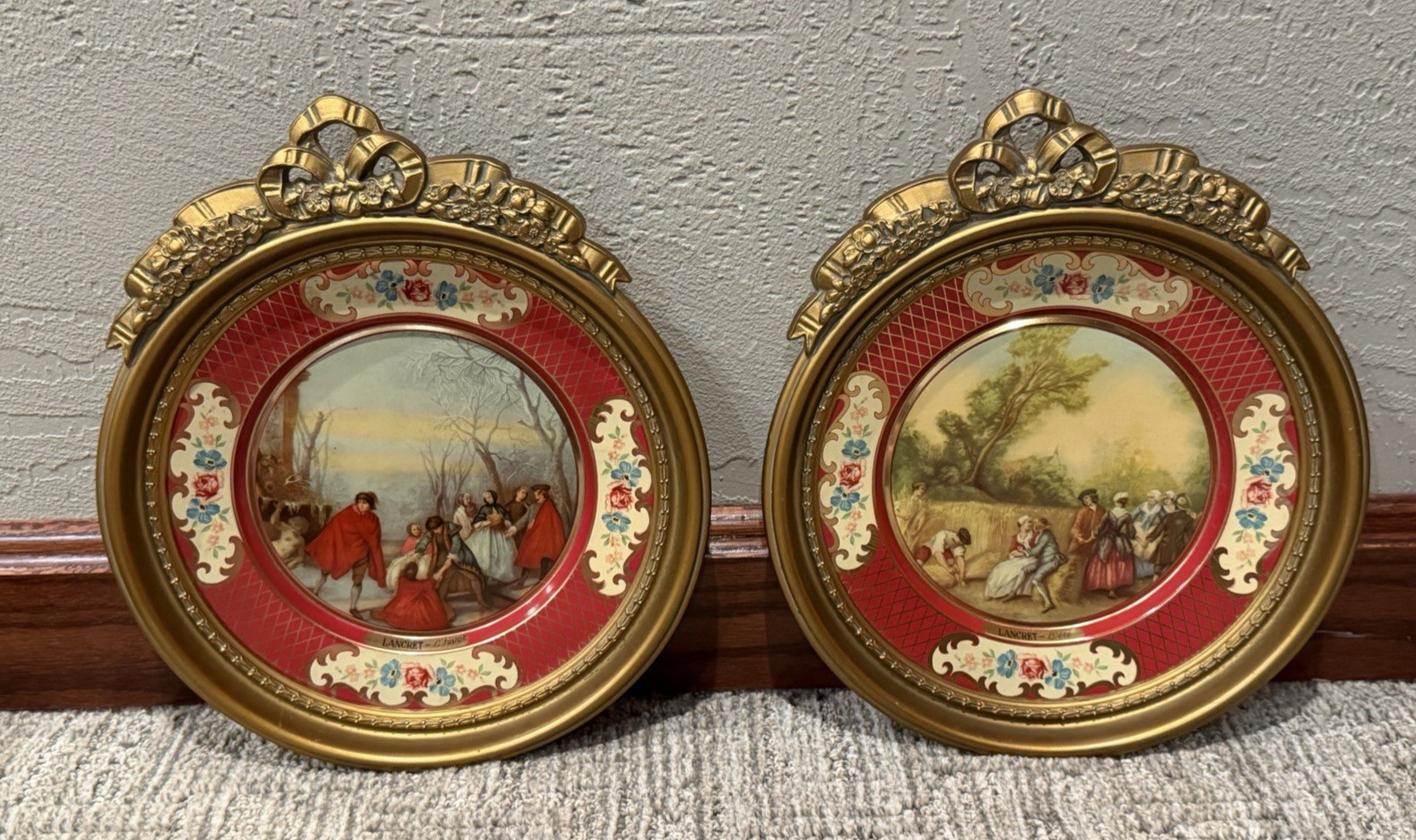 CAMEO CREATIONS Gold 9.5″ WALL PLAQUES & DAHER LANCRET LITHO TIN PLATES SET EUC