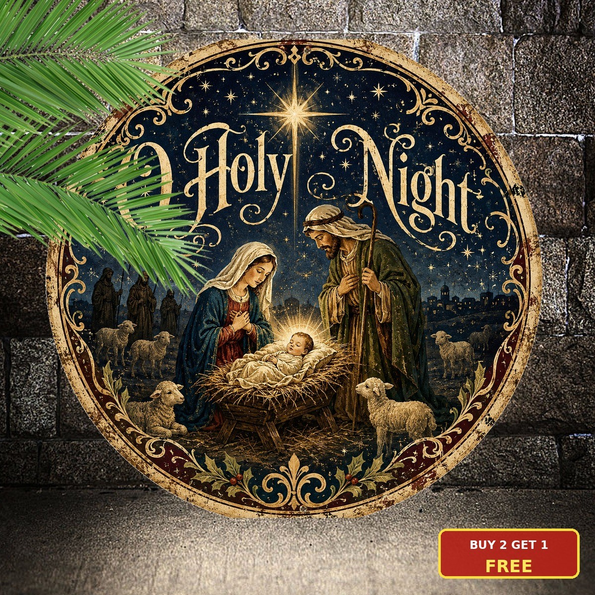 Classic Nativity Scene Sign Religious Wreath Christmas Round Metal Plaque 8×8