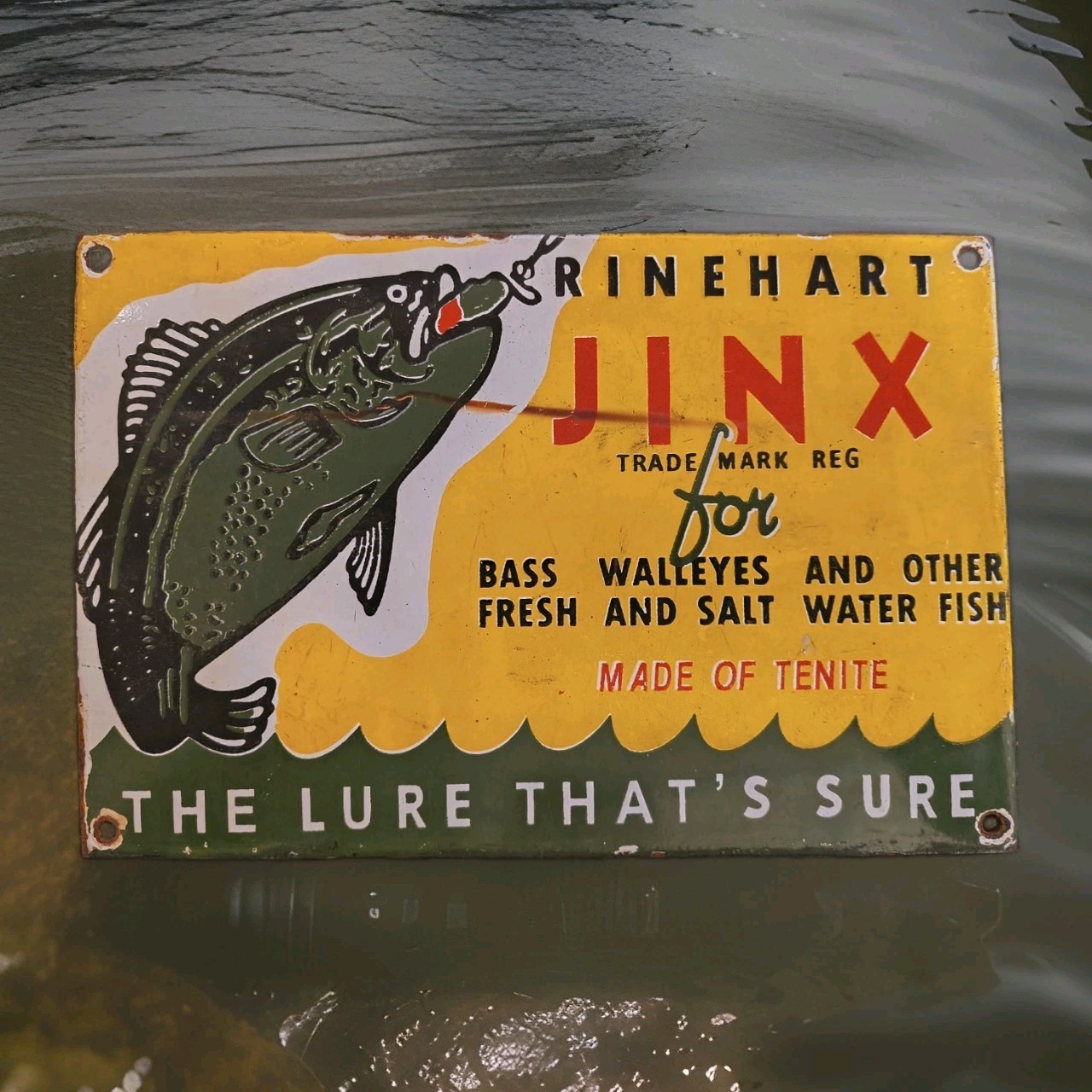 Vintage Jinx Lures Bait Co Porcelain Sign Paw Paw Bait Company Creek Chub Bass