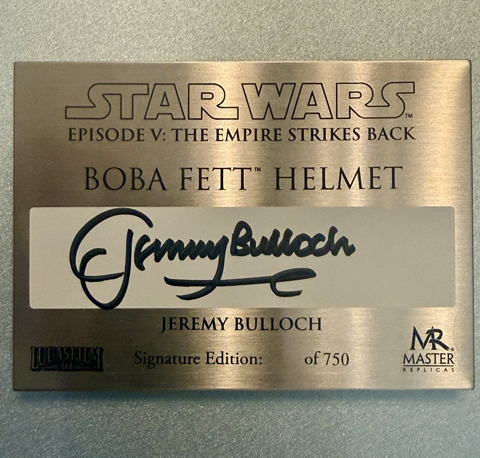 Master Replicas Star Wars Boba Fett Helment Plaque Only Signed Jeremy Bulloch