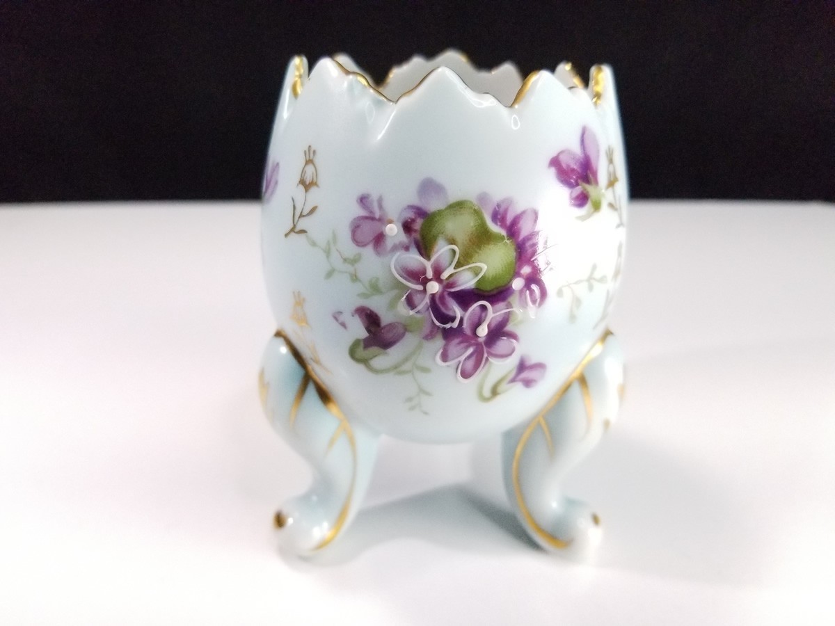 Vintage 3 Footed Cracked Egg 4” Vase Trinket Dish Hand Painted Floral