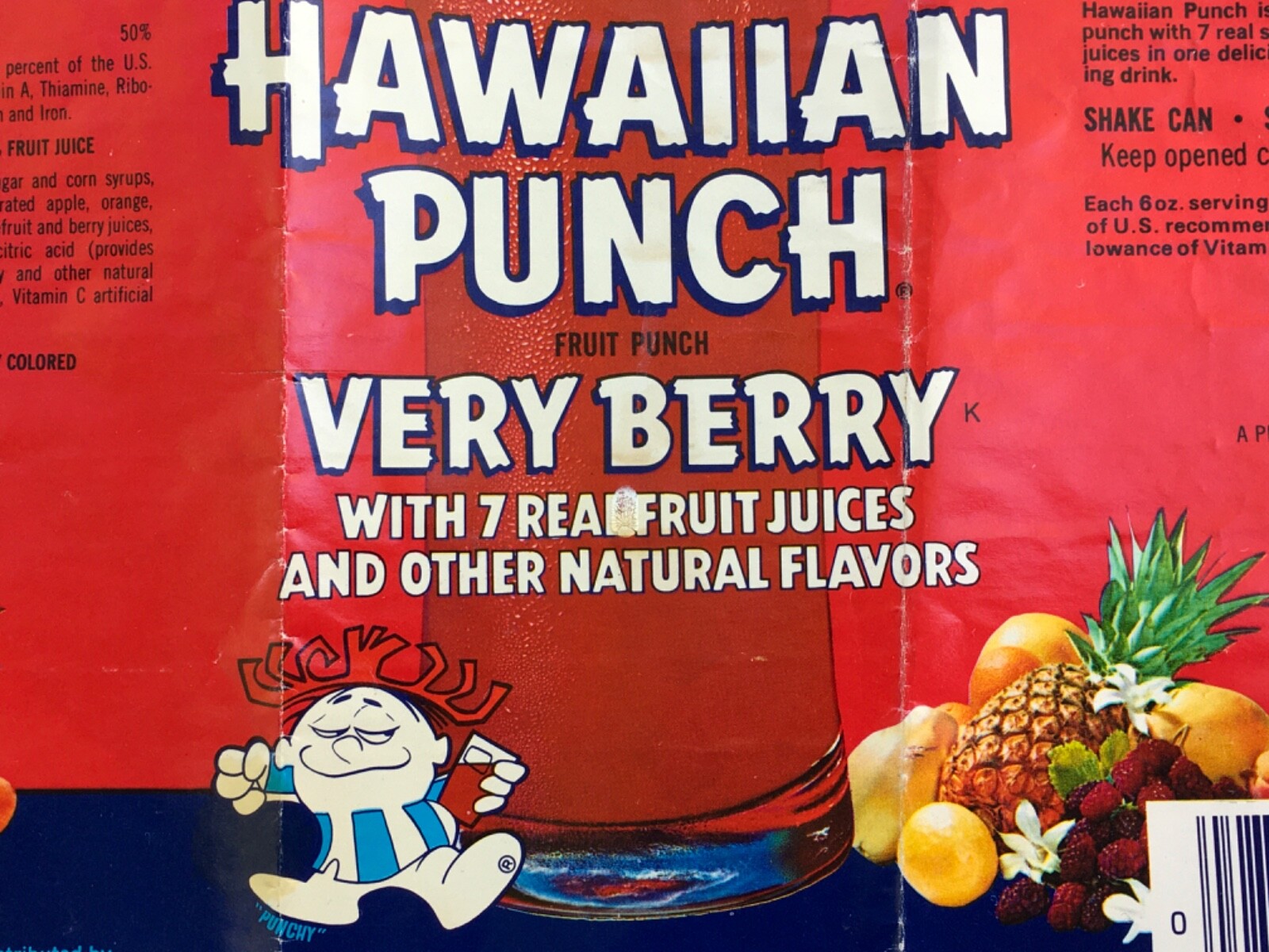 Vtg Hawaiian Punch Very Berry Fruit Juice 46 fl oz. paper Label Punchy