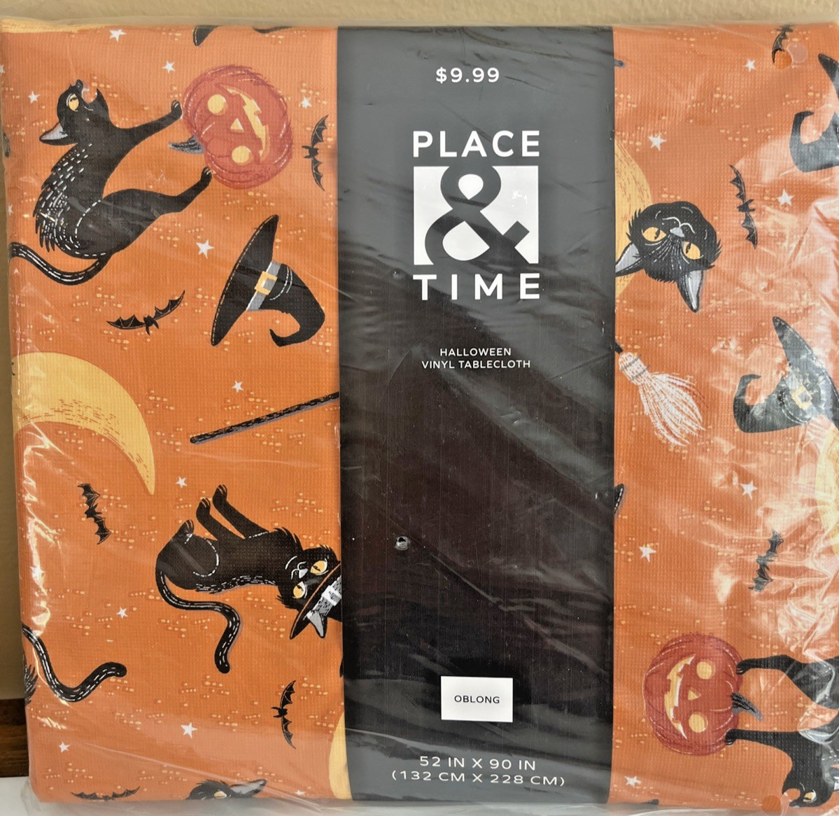 Peva Vinyl Tablecloth, 52 X90 Oblong Halloween WITCHES Hat, BLACK CATS ON ORANGE