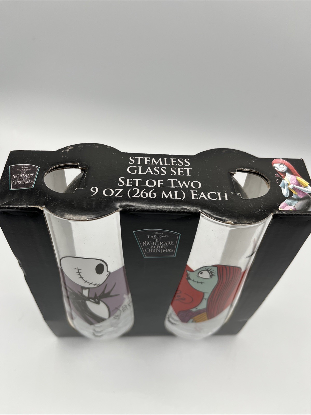 2 Oblong Glasses Nightmare Before Christmas Jack and Sally Barware 9 oz New In B