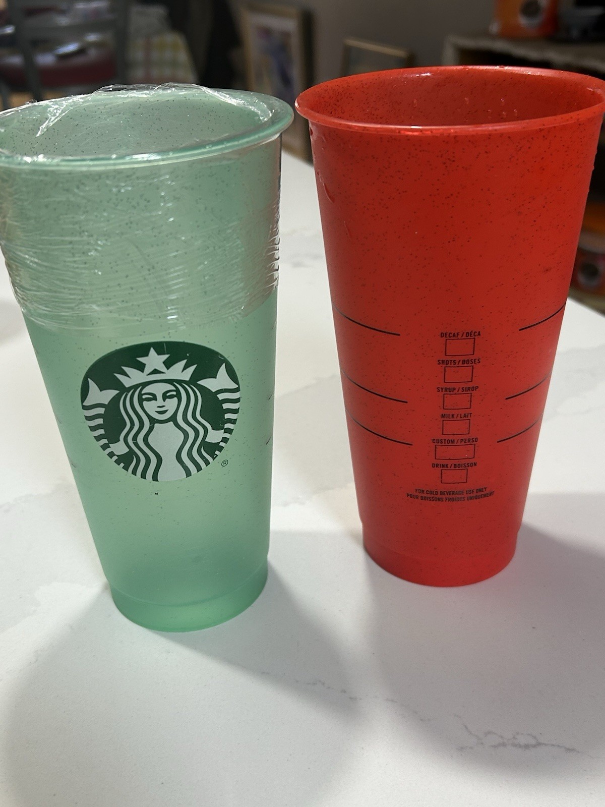 Starbucks Green & Red Plastic Cold Drink Cups Set with Logo & Markings