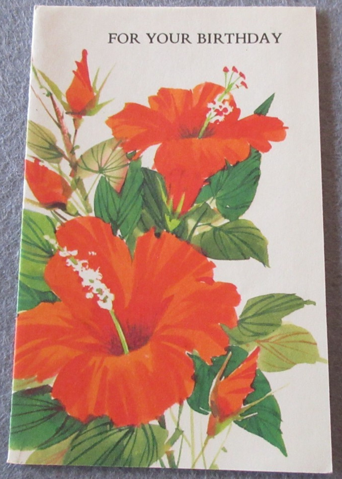 Vintage 1970’s GIBSON Birthday Card TROPICAL ORANGE HIBISCUS Blooms 3.5 x 5.5