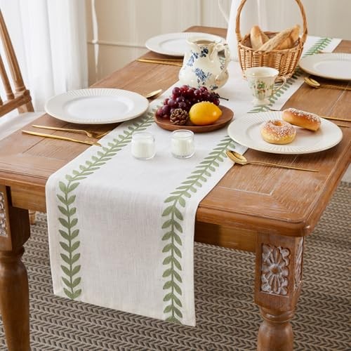 Embroidered Table Runner Irregular Willow 14×48 Inch Light Sage Green/Cream