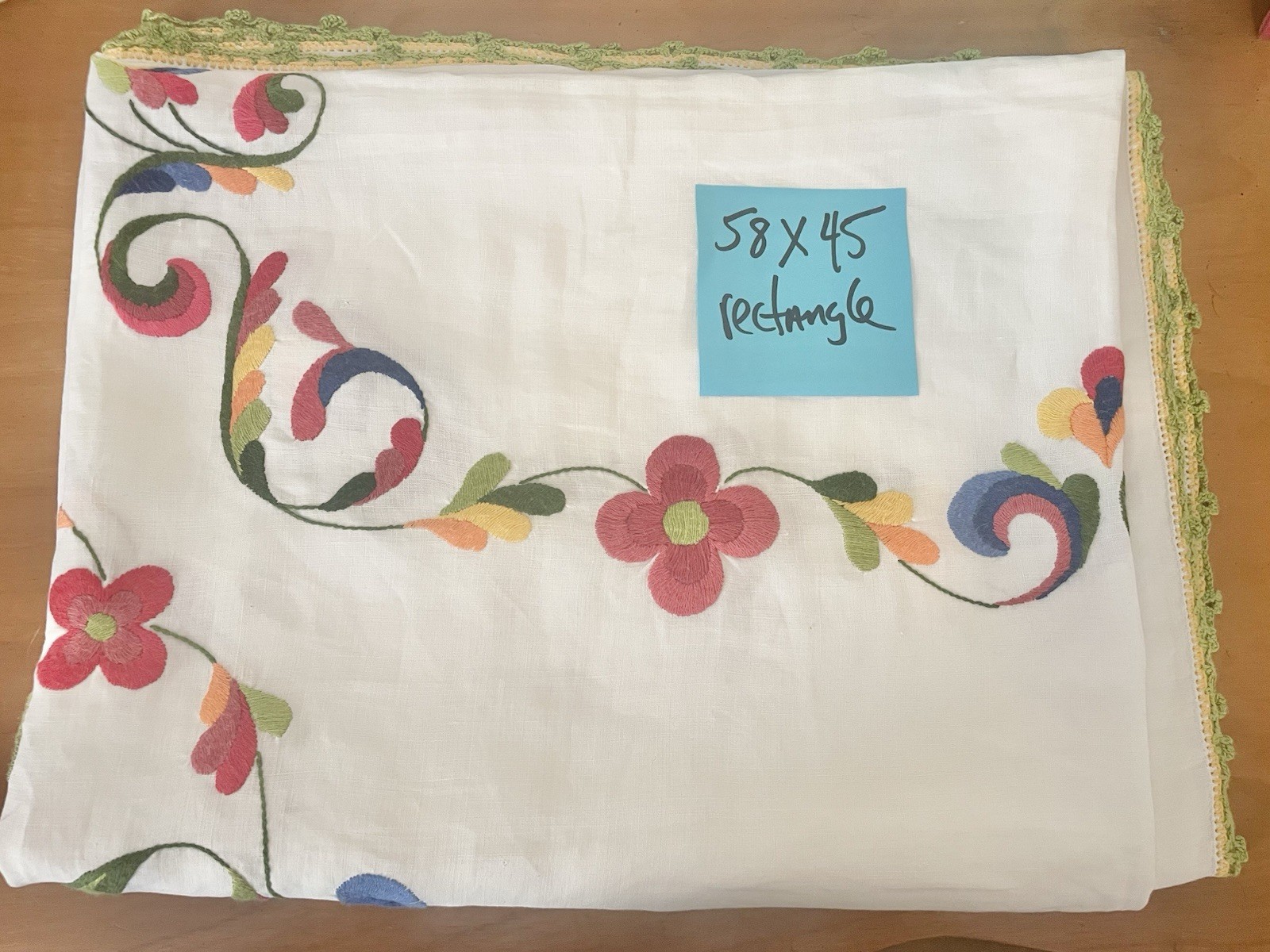 Vintage Embroidered Multicolor Tablecloth White Floral Scrolls 58×45 Flaw