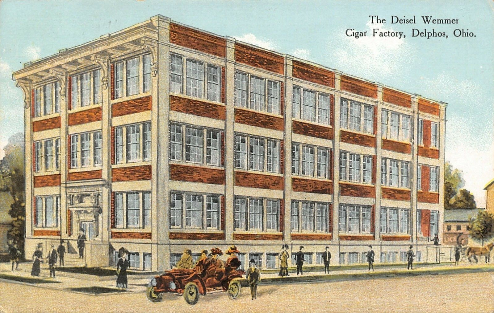 Delphos Ohio~Deisel Wemmer Cigar Factory~Car at Plant~Artist Conception~1911 PC