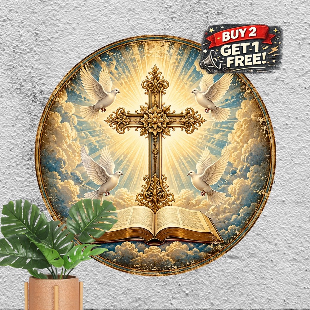 Ornate Stained Glass Cross Round Metal Sign Christian Religious Decor Plaque