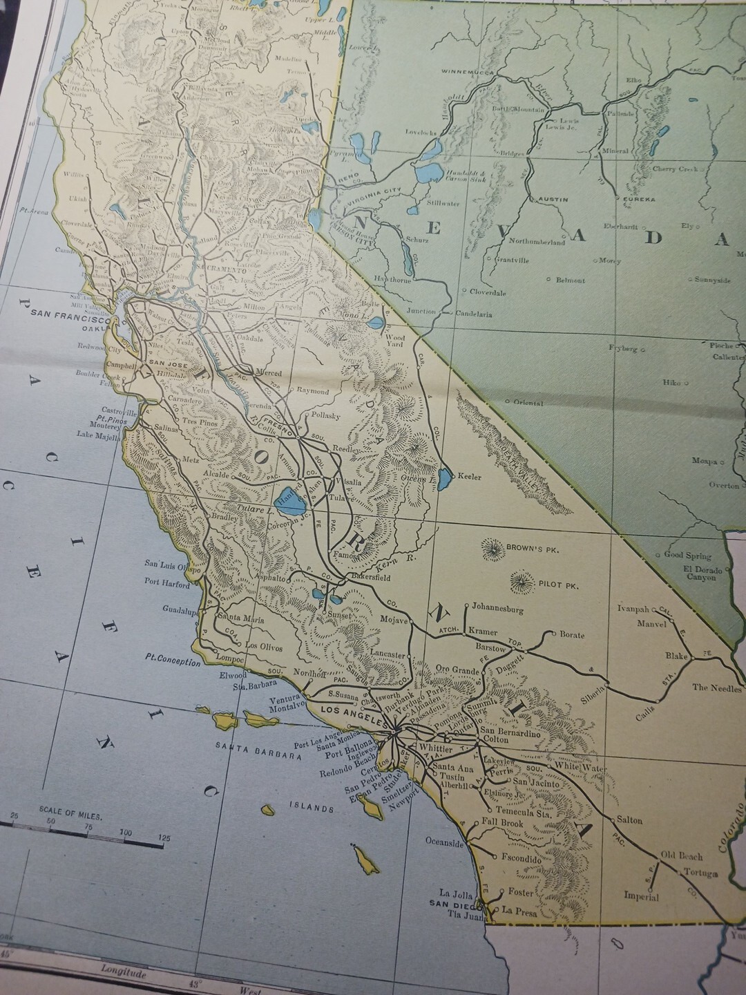 1904 dated Railroad Map CALIFORNIA NEVADA All Lines & Train Routes 11″x9″ color