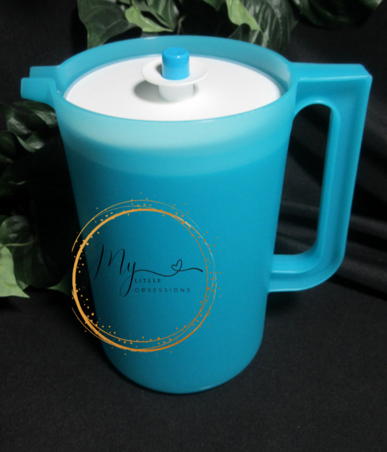 Tupperware NEW Pitcher 2 Qt Push Button Lid Blue Full Handle
