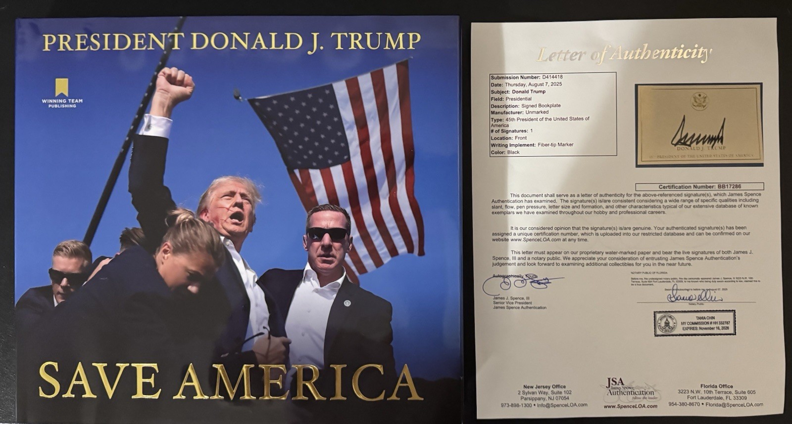 DONALD TRUMP Signed “Save America” Book WITH JSA Letter of Authenticity – RARE!