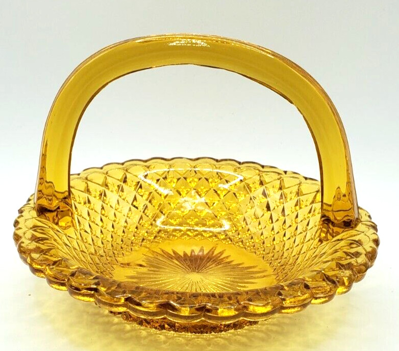 Glass Handled Basket Yellow Diamond Pattern Mid Century