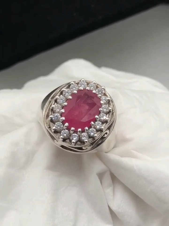 Natural 4+ Ct Ruby Ring 15.7 Gram 925 Sterling Silver CZ Halo Ring Size 10 Men’s
