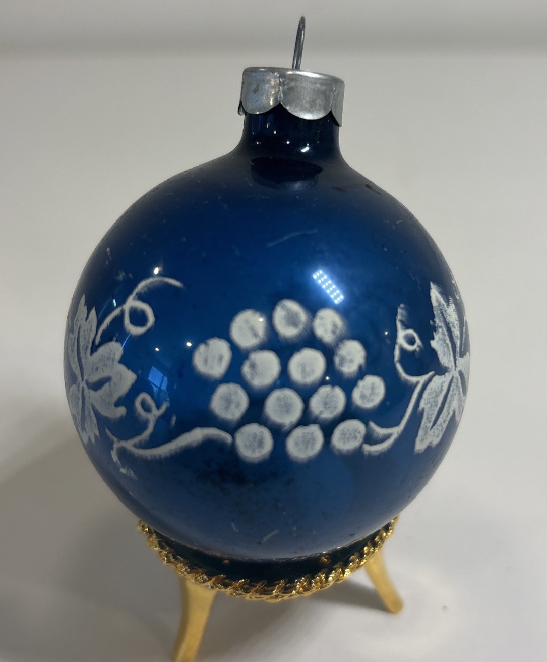 Vintage Blue Stenciled vine grapes Mercury Glass Christmas Ornament Made in USA