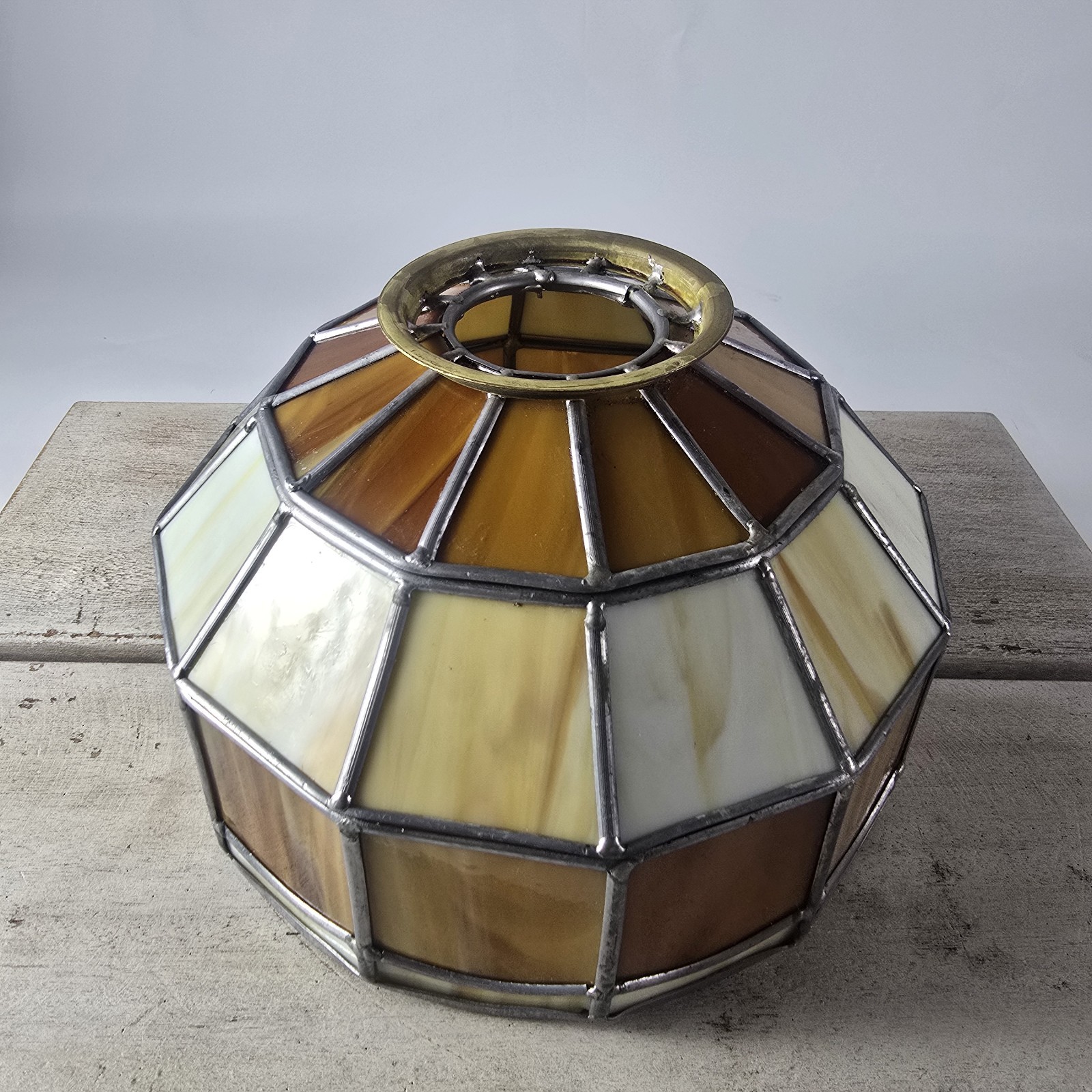Vintage Stained Glass Lamp Shade 10” Tiffany Style Slag Brown Amber Cream