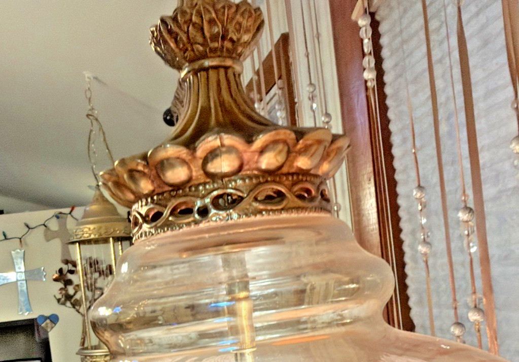 Hollywood Regency Swag Lamp Pendant, 1960, MCM Etched Rose Amber glass shade