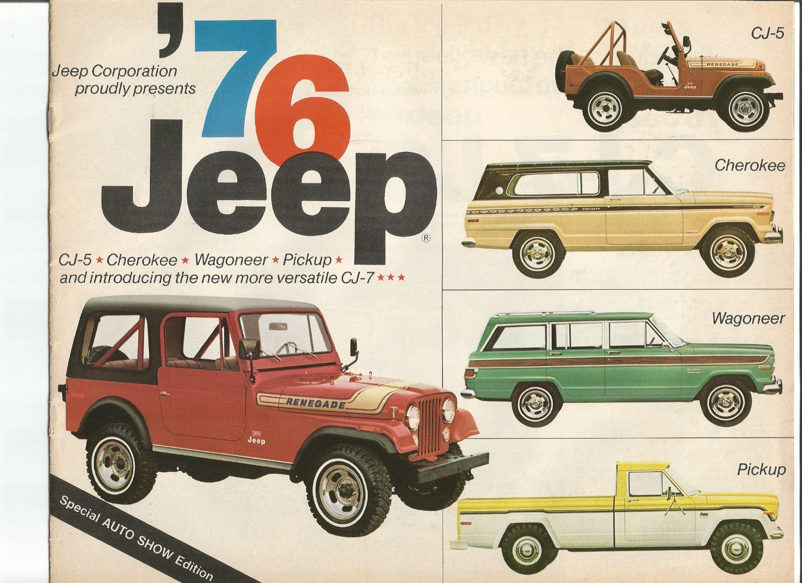 1976 Jeep Sales Brochure with Wagoneer, Cherokee, CJ-5, CJ-7, J-10 & J-20 Pickup