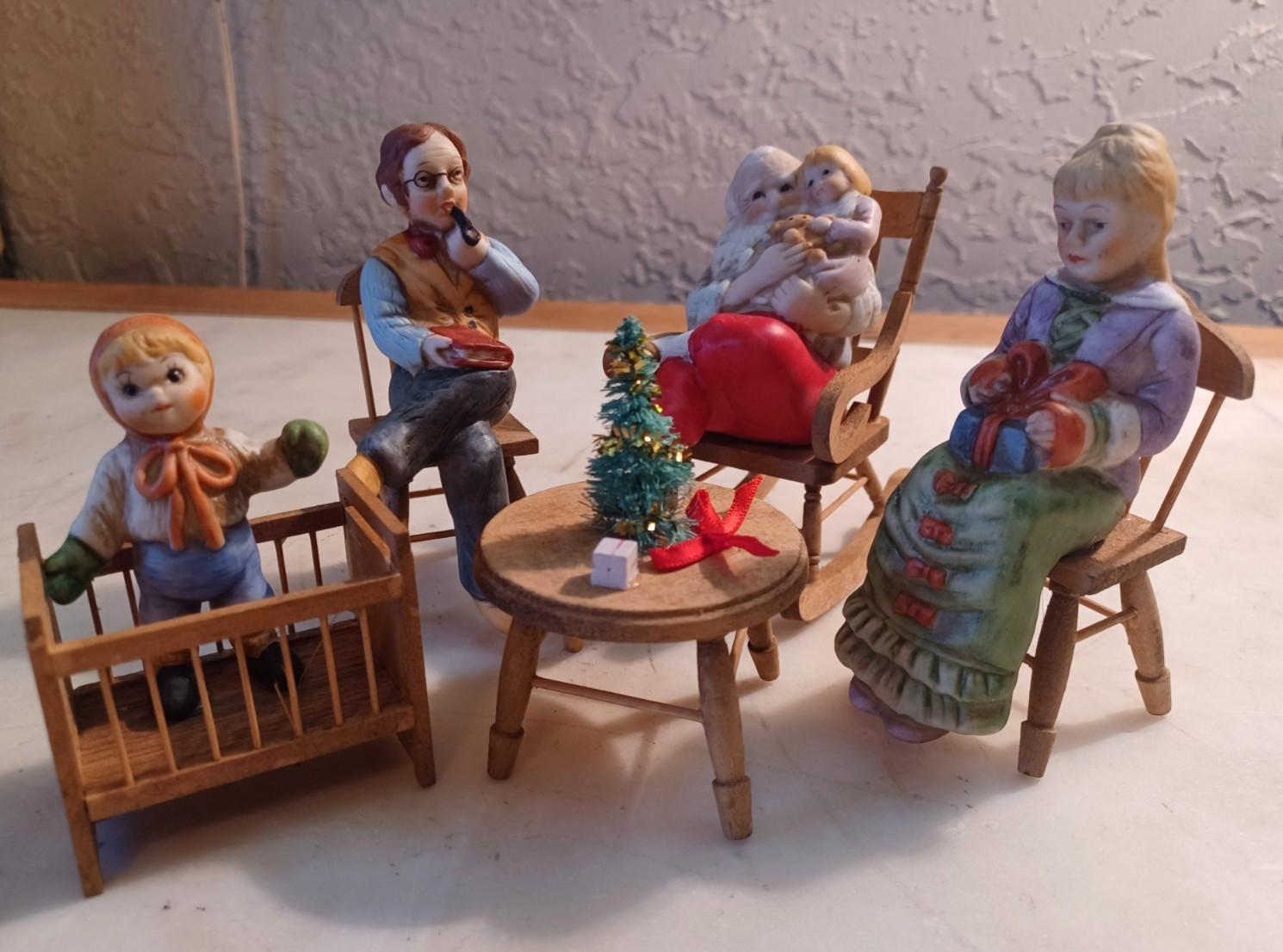VTG Christmas Porcelain Family Figurine Set Wood Furniture Mixed Material Decor
