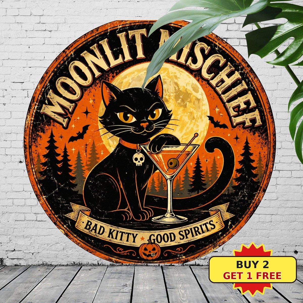 Halloween Black Bad Kitty Signs Decor Round Humorous Cat Metal Sign 8×8