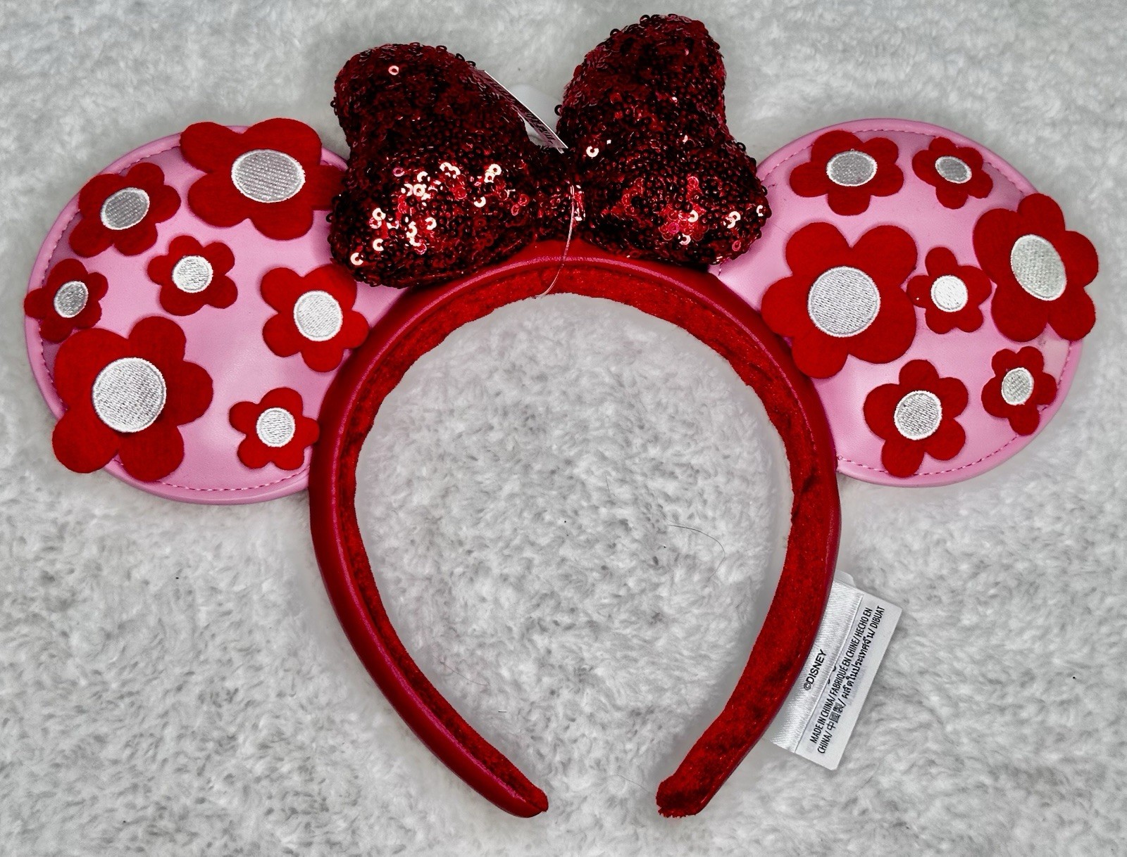 Shanghai Disney Minnie Mouse Ears Red Sequin Bow Floral Faux Leather Headband