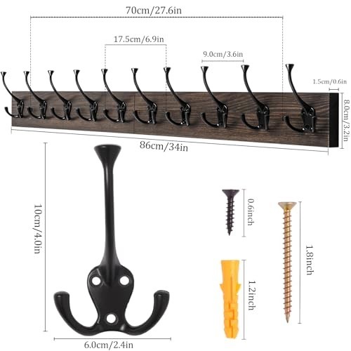 IBosins Wall Mounted Coat Rack with 10 Decorative Hooks, 34” Long, Old Wood Col