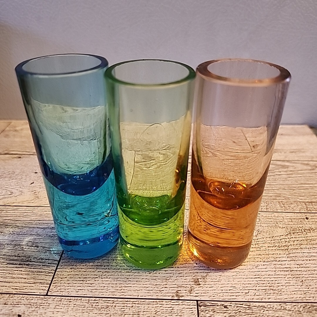 6 Antique GLOWING Shot Glasses Multi Color Cordial Set In Carrier Holder AS IS