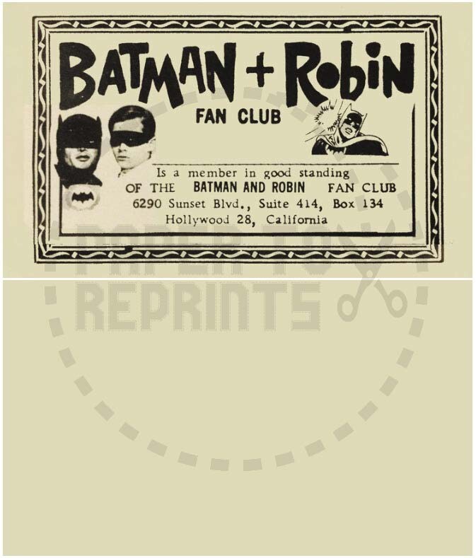 BATMAN AND ROBIN FAN CLUB MEMBERSHIP CARD – VINTAGE REPRINT