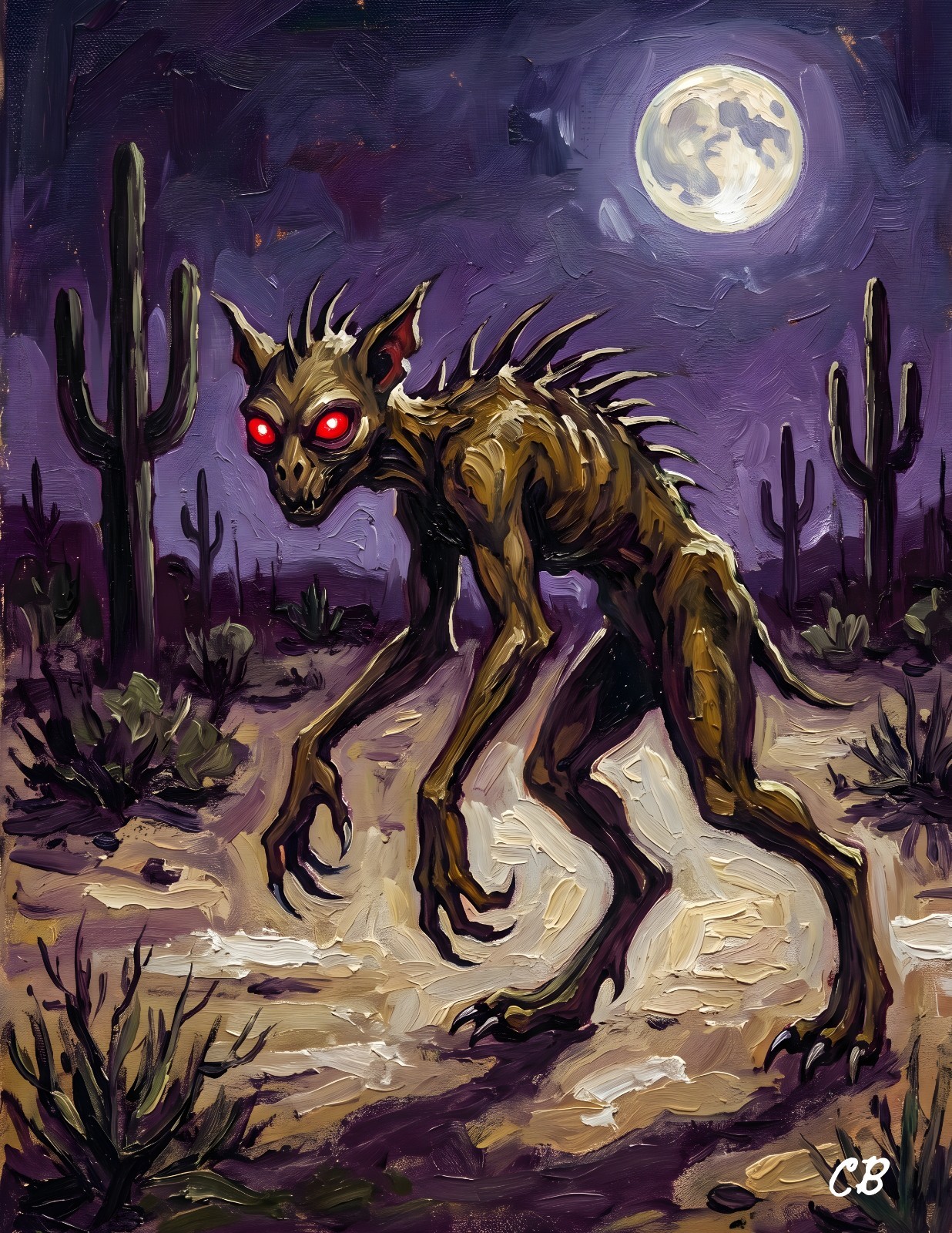 Chupacabra Desert ACEO Print | Latin Cryptid Folk Art | Moonlit Horror