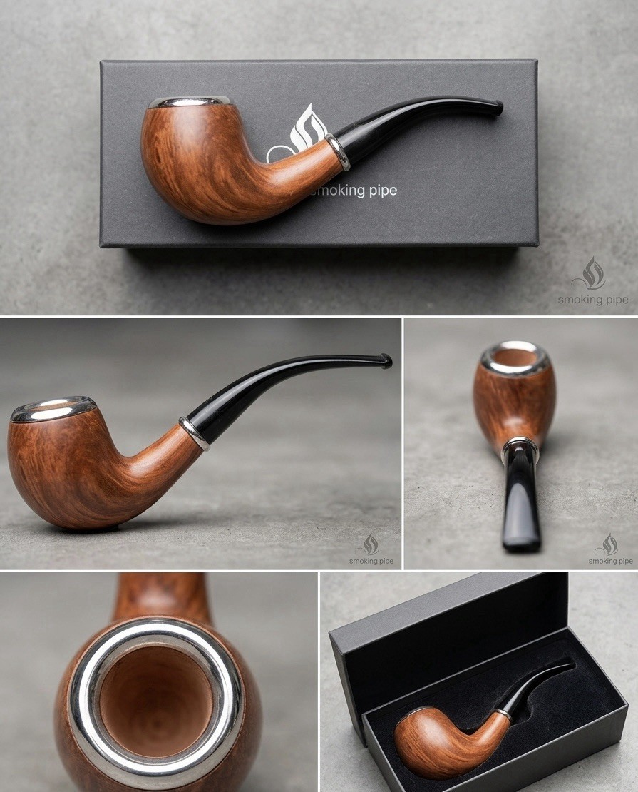 Vintage Bent Billiard Wood Smoking Pipe – Polished Grain Finish with Gift Box