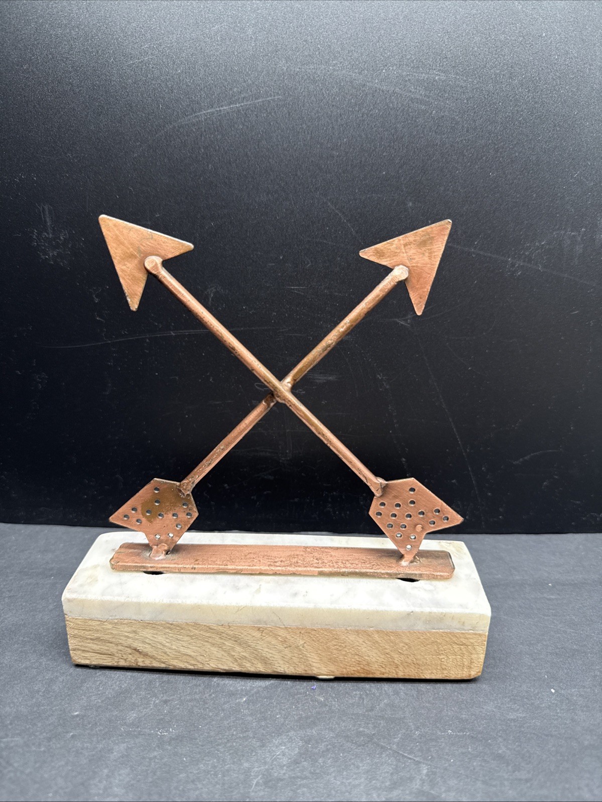 Handcrafted Copper Crossed Arrows Sculpture on Wood & Stone Base – Rustic Decor