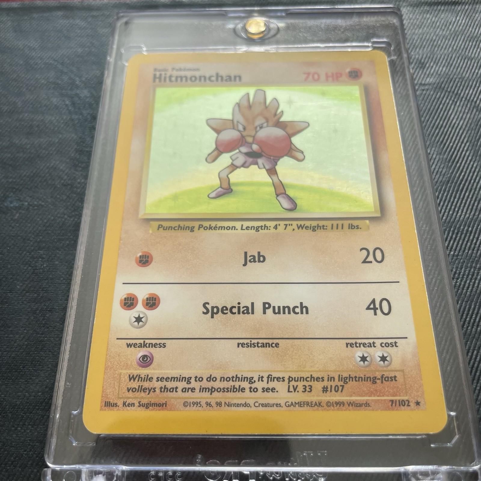 Pokemon Hitmonchan 7/102 Base Set Holo Card NM Hard Cased