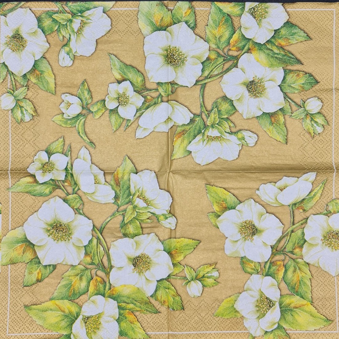 TWO Individual Napkins White Flowers Gold Cocktail Decoupage (474)