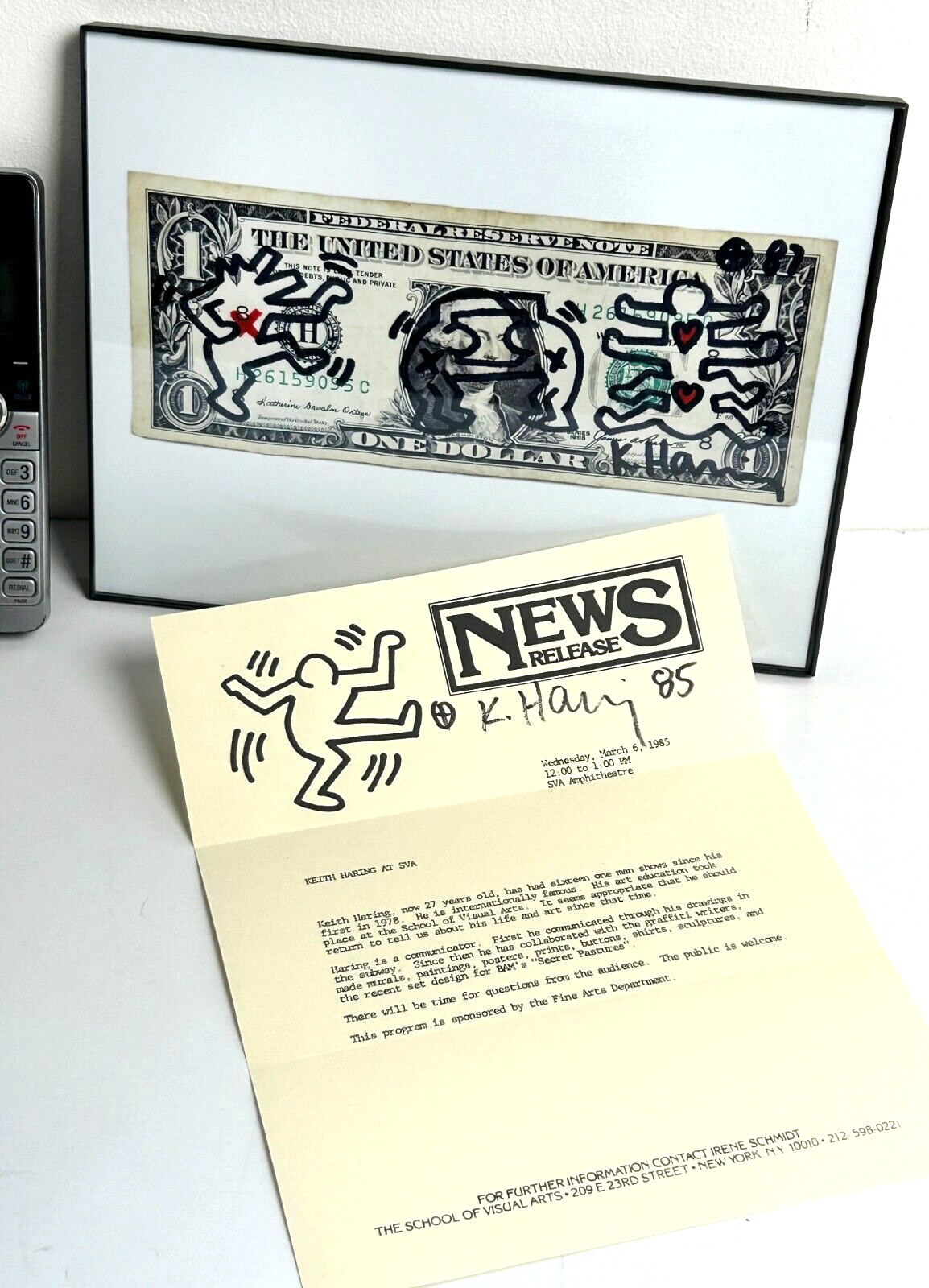 KEITH HARING – Signed Dollar Bill 1987 w/ Signed Flyer 1985 two Red Hearts