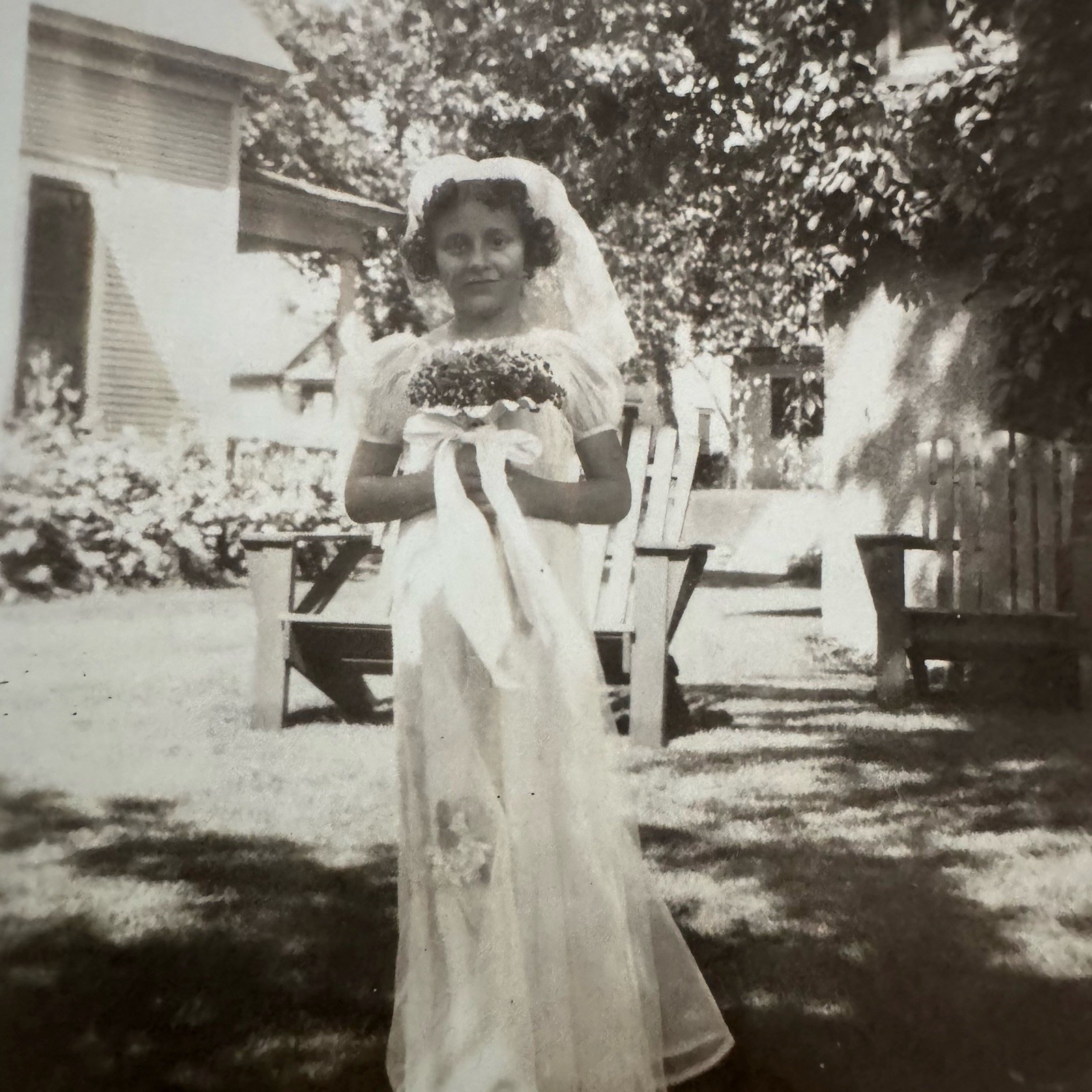Vintage Old Candid Snapshot Photo Portrait Young Girl Holding Bouquet In Dress