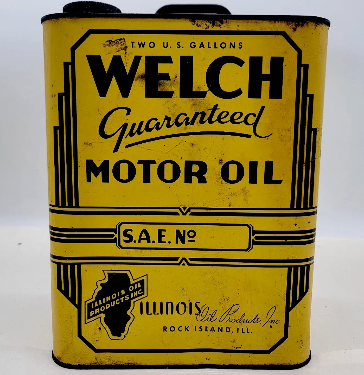 Vtg WELCH MOTOR OIL 2 Gallon Tin. Rock Island ILL. Illinois Oil Products Inc.