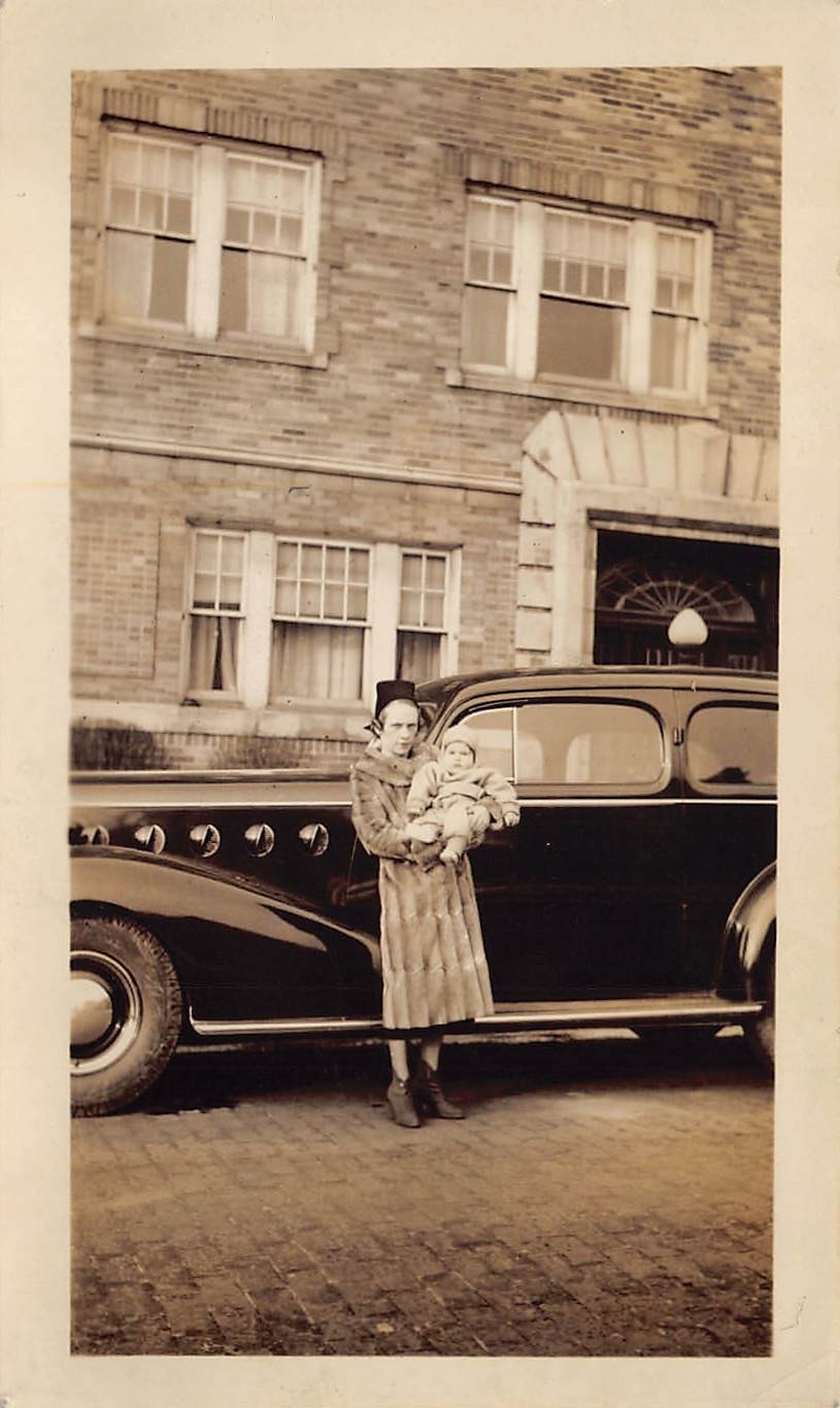 Antique 1935 Cadillac LaSalle 1930s Photo Woman Fur Coat Baby Brick Building