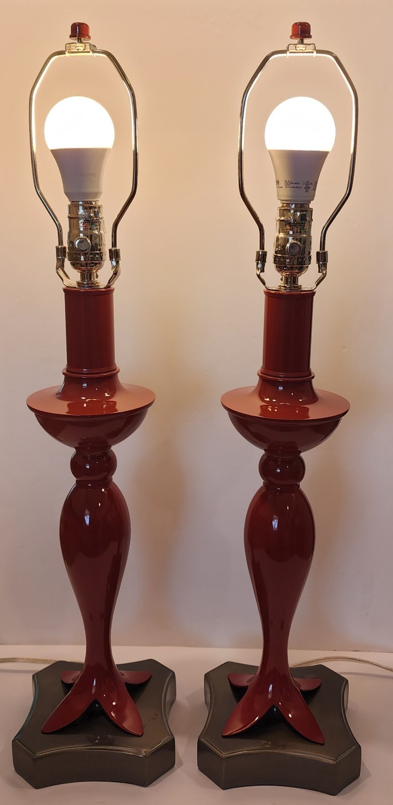 STIFFEL Pair (2) Table Lamps Gloss Rust Orange/Red & Satin Nickel *Imperfections