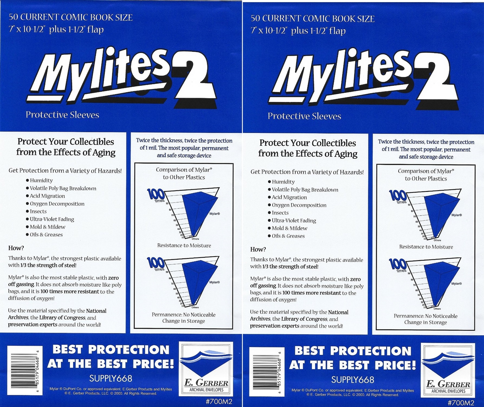 100 Mylites2 CURRENT (Modern) 2 mil Mylar Comic Sleeve Bags by E. Gerber 700M2