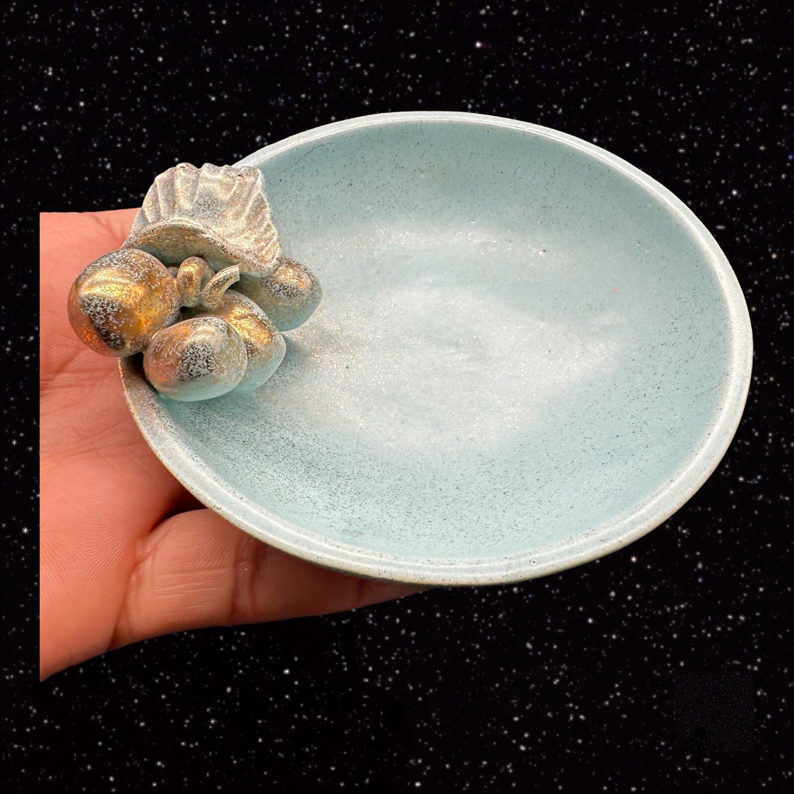 Mid Century Blue Brushed Gold Dish Pottery Vintage Hand Made 1.5”T 4”W