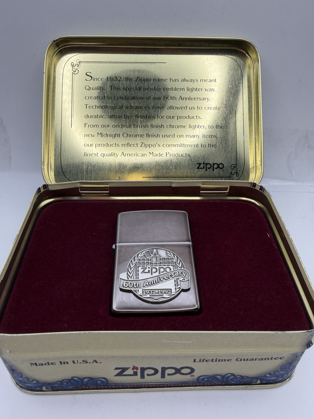 Vintage 1992 Zippo 60th Anniversary Midnight Chrome Zippo Lighter New In Tin