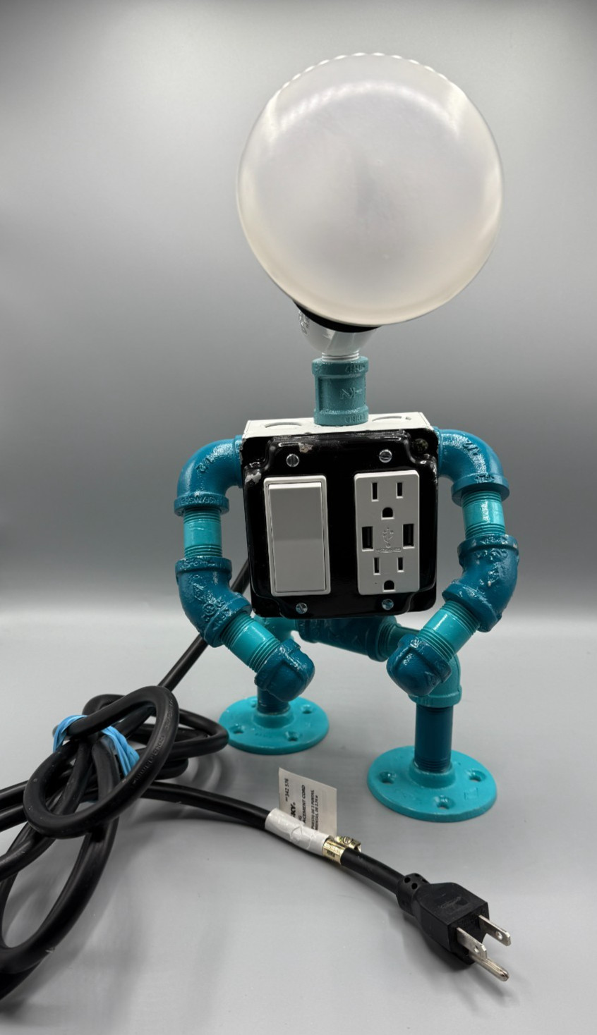 Repurposed Robot Table Lamp Outlet USB Steampunk Industrial Handmade Works Great
