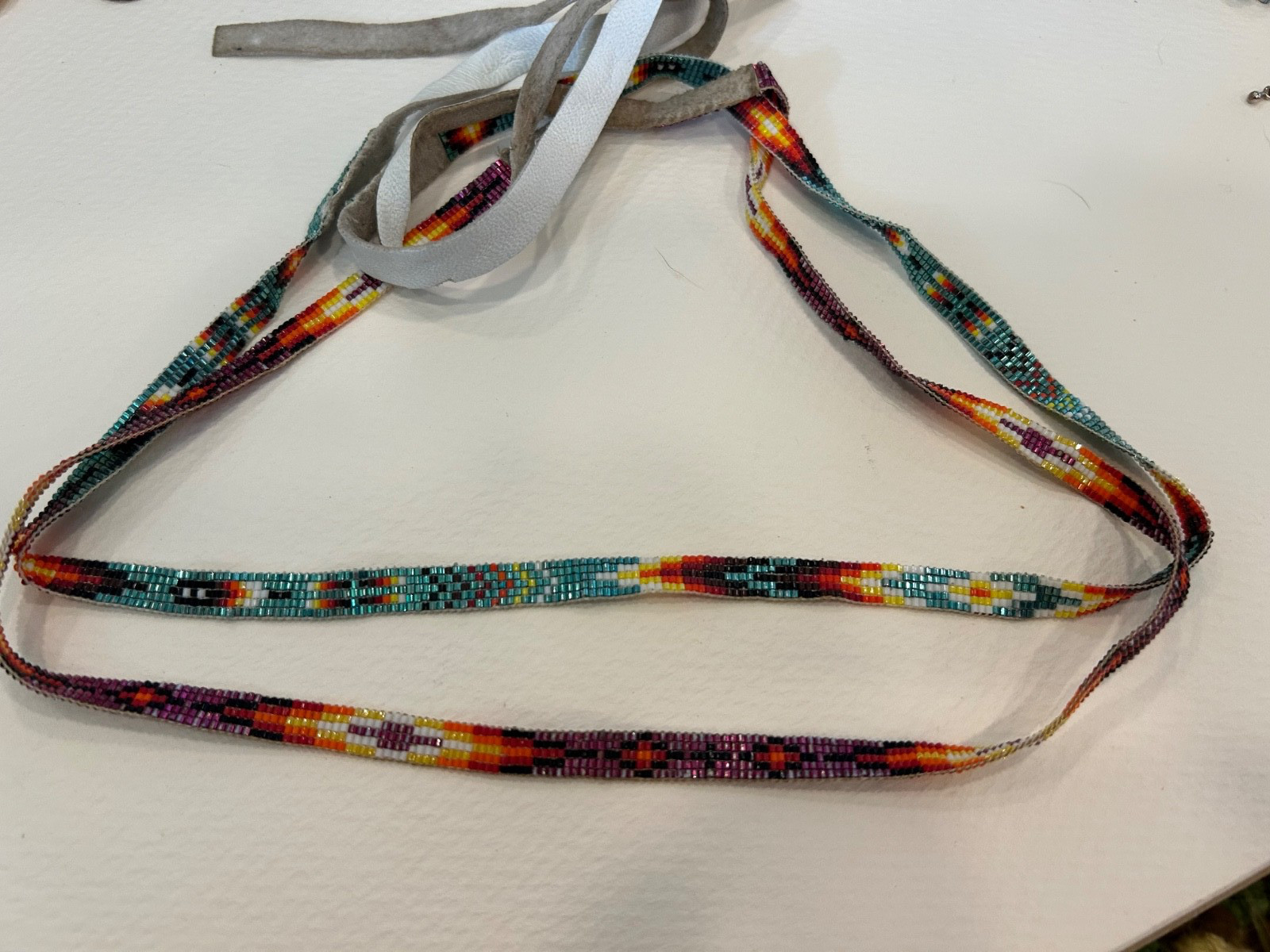 2 Vtg Seed Beaded Hat Band Native American soft Leather ties 36” L x 1” W #1