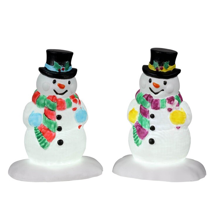 Lemax Holly Hat Snowmen -Holiday Village Train Lighted -set Of 2