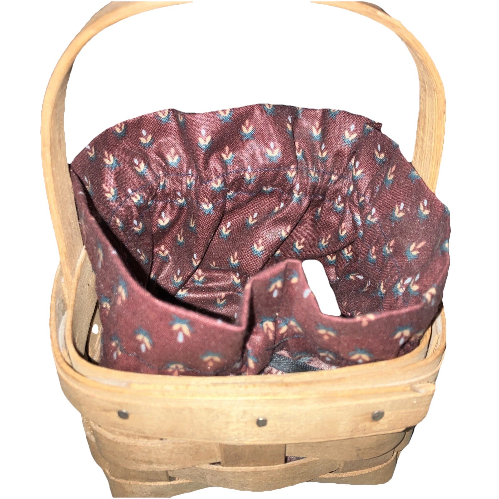 Longaberger 1985 Small Berry Basket With Maroon Floral Liner Made In USA