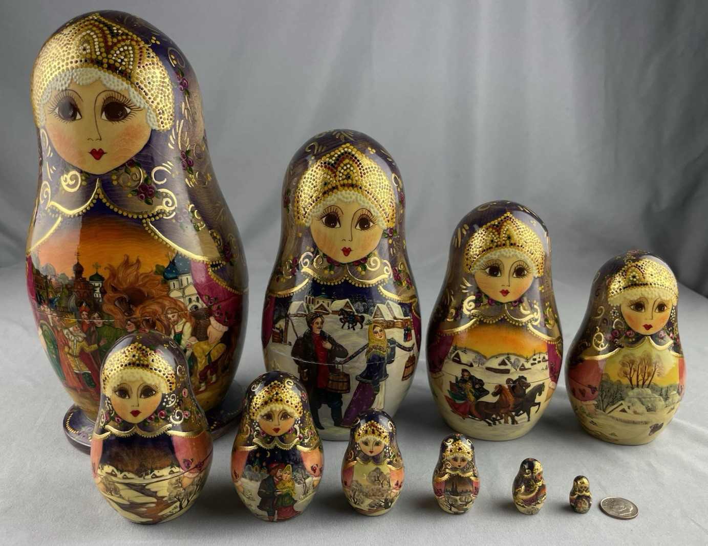 Russian Nesting Doll Fairy Tale “The Humpedback Horse” 10 Dolls 9,1/2″ Signed